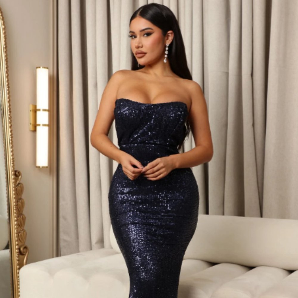 Strapless Sequin Navy Long Evening Dress | Brand New with tags